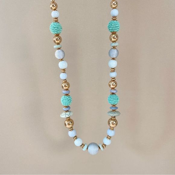 3/$20 Teal Aqua Turquoise Beads Stone Mix Gold Glass Beads Statement Necklace - Picture 3 of 6
